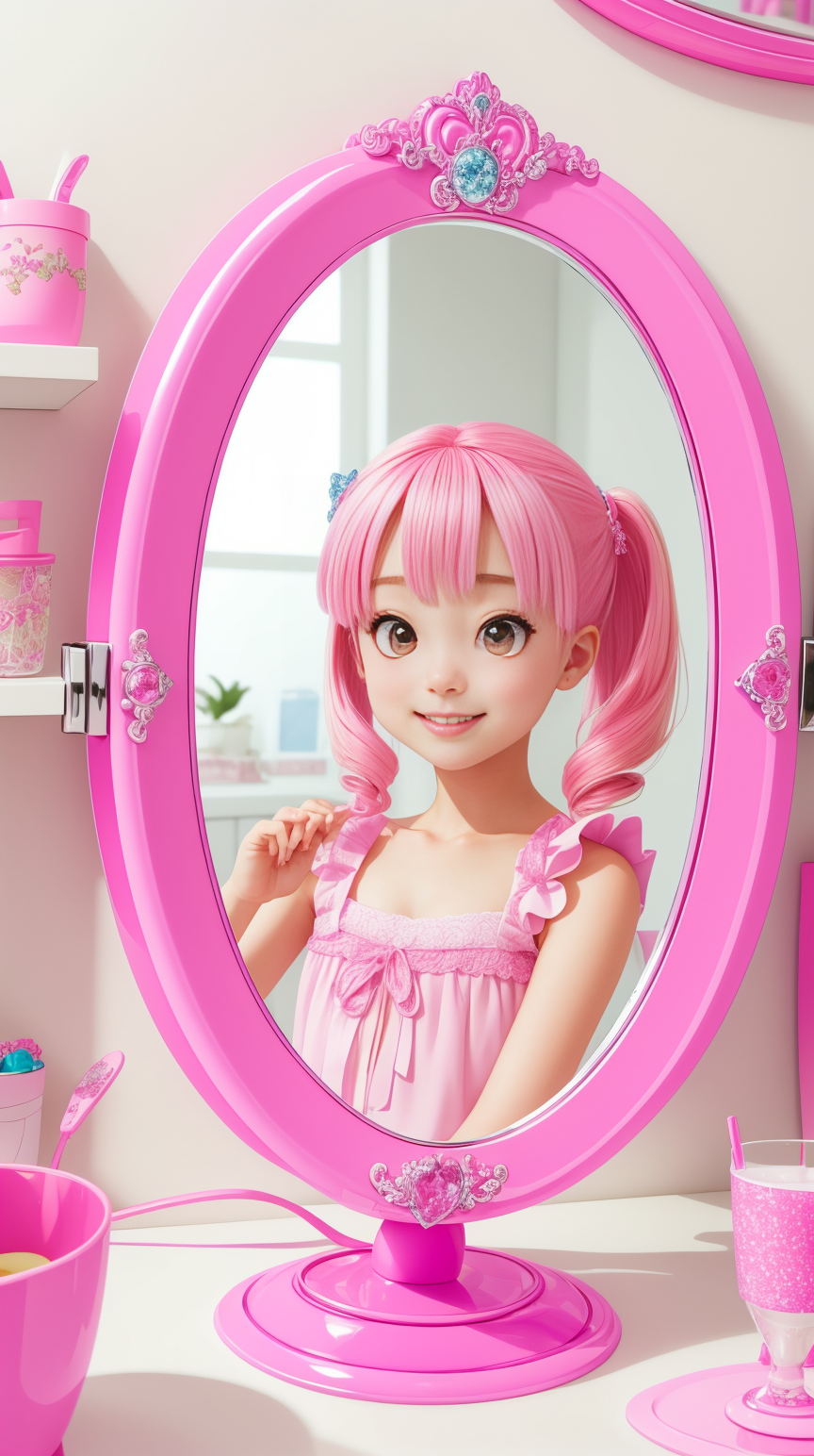 Pink colored <lora:BarbieCore:0.8> BarbieCore Mirror, (shiny plastic:0.8), (pink plastic:0.9), anime style